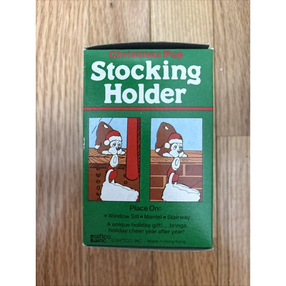 Vintage Giftco Christmas Pup Stocking Holder Puppy Santa Hat Mantel Decor Boxed